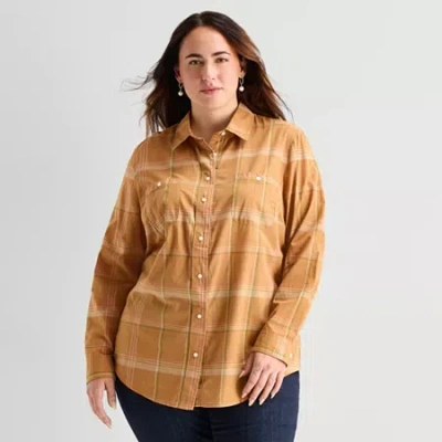 St. John's Bay Womens Plus Cuffed Long Sleeve Regular Fit Button-down Shirt In Brown
