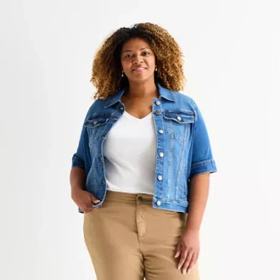 St. John's Bay Womens Plus Denim Lightweight Jacket In Blue