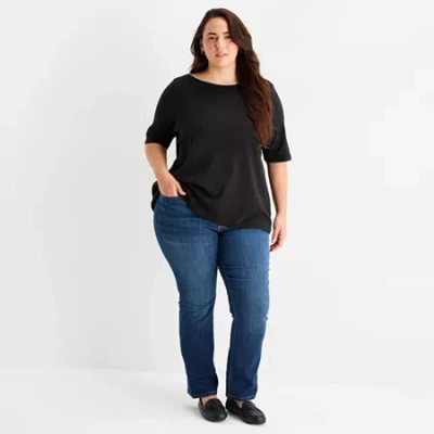 St. John's Bay Womens Plus Easy-on + Easy-off Boat Neck Elbow Sleeve Adaptive T-shirt In Black