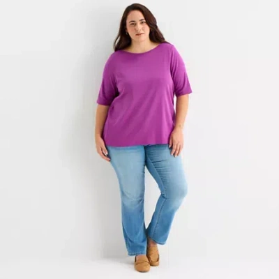 St. John's Bay Womens Plus Easy-on + Easy-off Boat Neck Elbow Sleeve Adaptive T-shirt In Purple