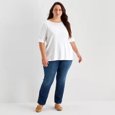 St. John's Bay Womens Plus Easy-on + Easy-off Boat Neck Elbow Sleeve Adaptive T-shirt In White