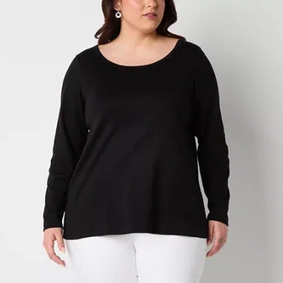 St. John's Bay Womens Plus Easy-on + Easy-off Crew Neck Long Sleeve Adaptive T-shirt In Black