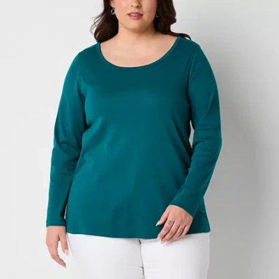 St. John's Bay Womens Plus Easy-on + Easy-off Crew Neck Long Sleeve Adaptive T-shirt In Blue