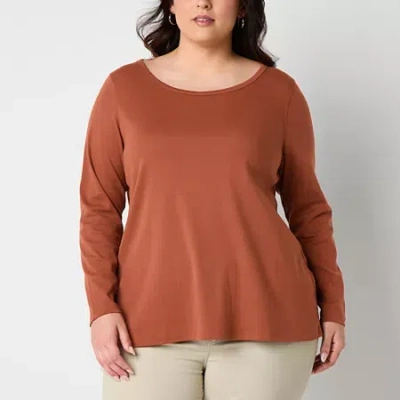 St. John's Bay Womens Plus Easy-on + Easy-off Crew Neck Long Sleeve Adaptive T-shirt In Brown