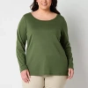 St. John's Bay Womens Plus Easy-on + Easy-off Crew Neck Long Sleeve Adaptive T-shirt In Green