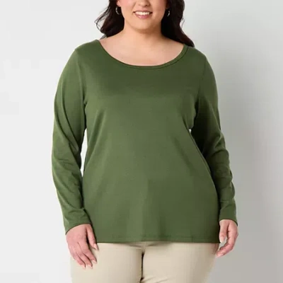 St. John's Bay Womens Plus Easy-on + Easy-off Crew Neck Long Sleeve Adaptive T-shirt In Green
