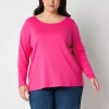 St. John's Bay Womens Plus Easy-on + Easy-off Crew Neck Long Sleeve Adaptive T-shirt In Pink