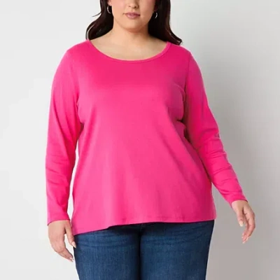 St. John's Bay Womens Plus Easy-on + Easy-off Crew Neck Long Sleeve Adaptive T-shirt In Pink