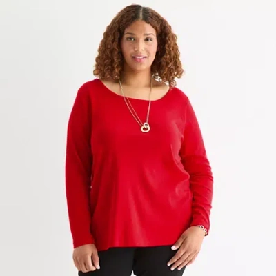 St. John's Bay Womens Plus Easy-on + Easy-off Crew Neck Long Sleeve Adaptive T-shirt In Red