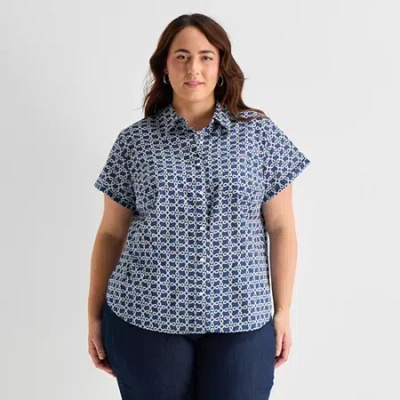 St. John's Bay Womens Plus Easy-on + Easy-off Hidden Access Opening Roll Short Sleeve Regular Fit Bu In Blue