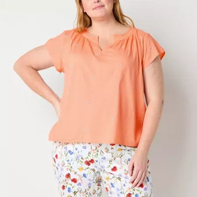 St. John's Bay Womens Plus Easy-on + Easy-off Hidden Access Opening Split Crew Neck Short Sleeve Ada In Orange