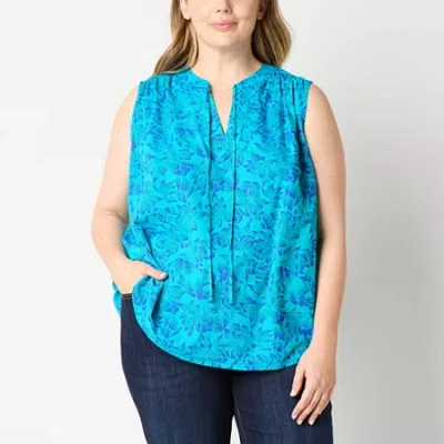 St. John's Bay Womens Plus Easy-on + Easy-off Hidden Access Opening Split Tie Neck Sleeveless Blouse In Blue