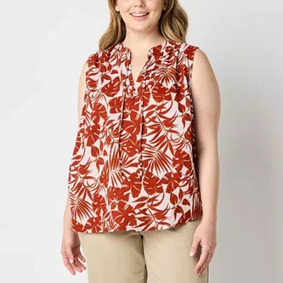 St. John's Bay Womens Plus Easy-on + Easy-off Hidden Access Opening Split Tie Neck Sleeveless Blouse In Multi