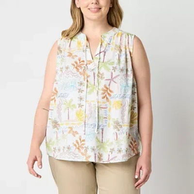 St. John's Bay Womens Plus Easy-on + Easy-off Hidden Access Opening Split Tie Neck Sleeveless Blouse In White