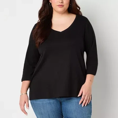 St. John's Bay Womens Plus Easy-on + Easy-off V Neck 3/4 Sleeve Adaptive T-shirt In Black