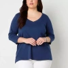 St. John's Bay Womens Plus Easy-on + Easy-off V Neck 3/4 Sleeve Adaptive T-shirt In Blue