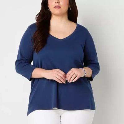 St. John's Bay Womens Plus Easy-on + Easy-off V Neck 3/4 Sleeve Adaptive T-shirt In Blue