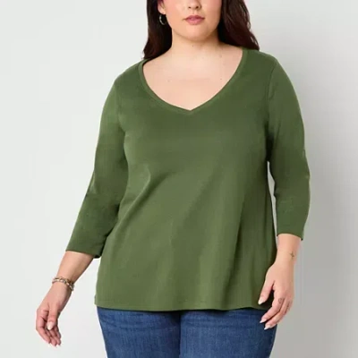 St. John's Bay Womens Plus Easy-on + Easy-off V Neck 3/4 Sleeve Adaptive T-shirt In Green