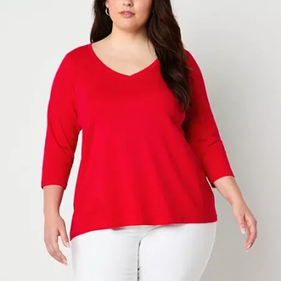 St. John's Bay Womens Plus Easy-on + Easy-off V Neck 3/4 Sleeve Adaptive T-shirt In Red
