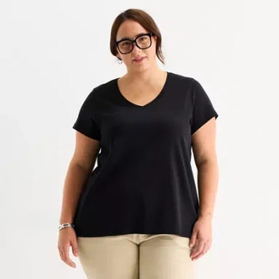 St. John's Bay Womens Plus Easy-on + Easy-off V Neck Short Sleeve Adaptive T-shirt In Black