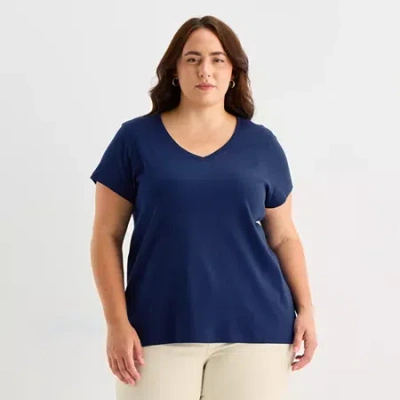 St. John's Bay Womens Plus Easy-on + Easy-off V Neck Short Sleeve Adaptive T-shirt In Blue