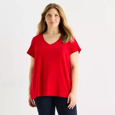 St. John's Bay Womens Plus Easy-on + Easy-off V Neck Short Sleeve Adaptive T-shirt In Red
