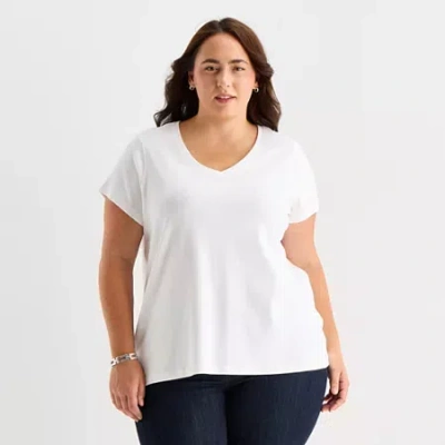 St. John's Bay Womens Plus Easy-on + Easy-off V Neck Short Sleeve Adaptive T-shirt In White