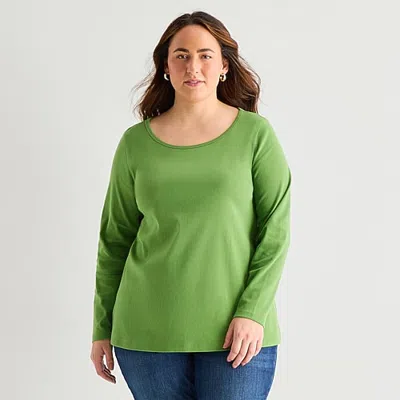 St. John's Bay Womens Plus Easy-on + Easy-off Crew Neck Long Sleeve Adaptive T-shirt In Green