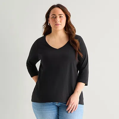St. John's Bay Womens Plus Easy-on + Easy-off V Neck 3/4 Sleeve Adaptive T-shirt In Black