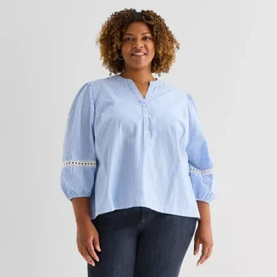 St. John's Bay Womens Plus Henley Neck 3/4 Sleeve Blouse In Blue