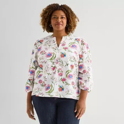 St. John's Bay Womens Plus Henley Neck 3/4 Sleeve Blouse In White