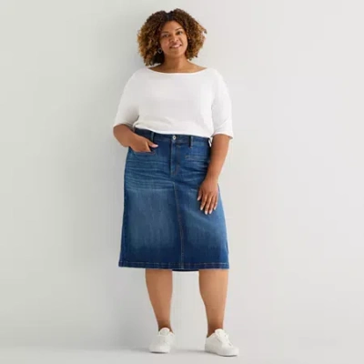 St. John's Bay Womens Plus High Rise Midi Denim Skirt In Blue
