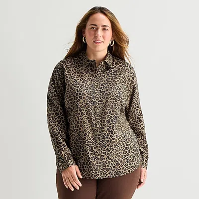 St. John's Bay Womens Plus Long Sleeve Regular Fit Button-down Shirt In Brown