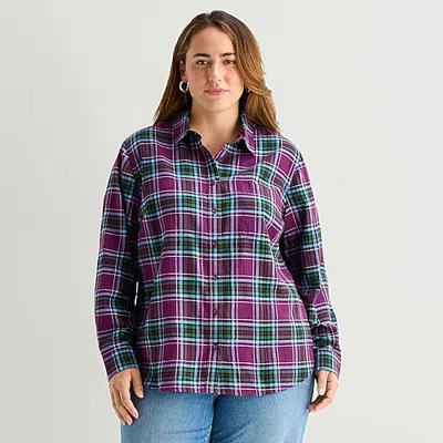 St. John's Bay Womens Plus Long Sleeve Regular Fit Button-down Shirt In Purple