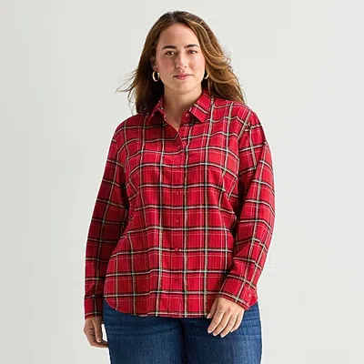 St. John's Bay Womens Plus Long Sleeve Regular Fit Button-down Shirt In Red
