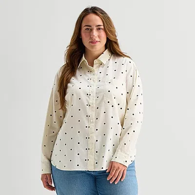 St. John's Bay Womens Plus Long Sleeve Regular Fit Button-down Shirt In White