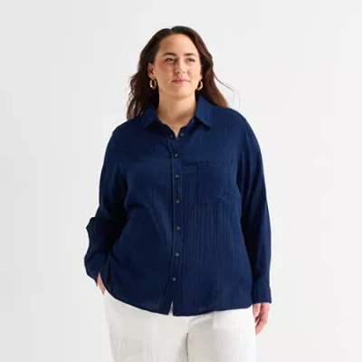 St. John's Bay Womens Plus Long Sleeve Relaxed Fit Button-down Shirt In Blue