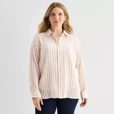 St. John's Bay Womens Plus Long Sleeve Relaxed Fit Button-down Shirt In Neutral