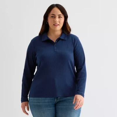 St. John's Bay Womens Plus Long Sleeve Rib Polo Shirt In Blue