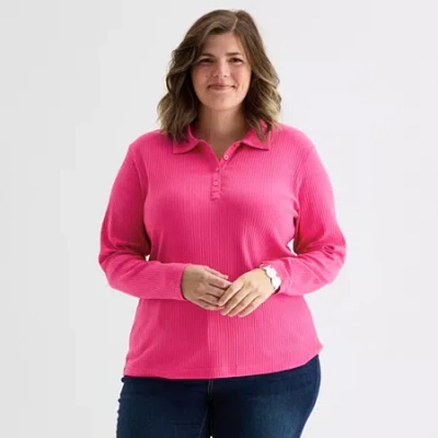 St. John's Bay Womens Plus Long Sleeve Rib Polo Shirt In Pink