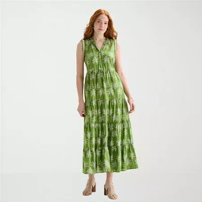 St. John's Bay Womens Plus Midi Split Tie Neck Sleeveless A-line Dress In Green