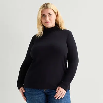 St. John's Bay Womens Plus Mock Neck Long Sleeve T-shirt In Black
