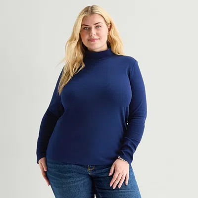 St. John's Bay Womens Plus Mock Neck Long Sleeve T-shirt In Blue