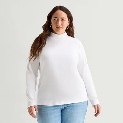 St. John's Bay Womens Plus Mock Neck Long Sleeve T-shirt In White