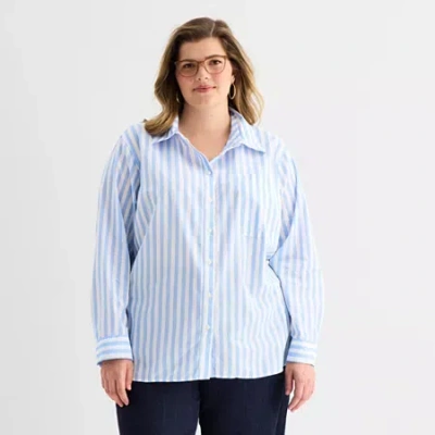 St. John's Bay Womens Plus Roll Tab Long Sleeve Regular Fit Button-down Shirt In Blue