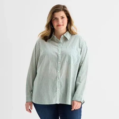 St. John's Bay Womens Plus Roll Tab Long Sleeve Regular Fit Button-down Shirt In Green