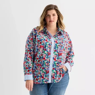 St. John's Bay Womens Plus Roll Tab Long Sleeve Regular Fit Button-down Shirt In Multi