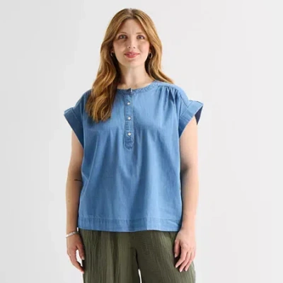 St. John's Bay Womens Plus Round Neck Short Sleeve Blouse In Blue