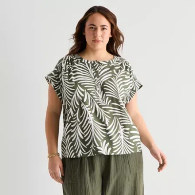 St. John's Bay Womens Plus Round Neck Short Sleeve Blouse In Green