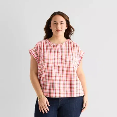 St. John's Bay Womens Plus Round Neck Short Sleeve Blouse In Multi